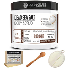Load image into Gallery viewer, Premium Coconut Body Scrub Set - Large 16Oz Dead Sea Salt Body Scrub with Infused Essential Oils & Nutrients, Includes Wooden Spoon, Loofah & Oatmeal Exfoliating Bar Soap