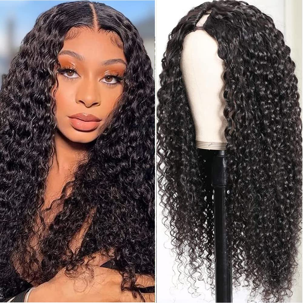 Curly V Part Wig Human Hair Brazilian Virgin Human Hair Wigs for Black Women Upgrade U Part Wig Glueless Full Head Clip in Half Wig V Shape Wig No Leave Out 180% Density Natural Color 18 Inch