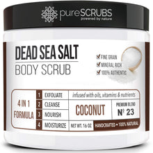 Load image into Gallery viewer, Premium Coconut Body Scrub Set - Large 16Oz Dead Sea Salt Body Scrub with Infused Essential Oils &amp; Nutrients, Includes Wooden Spoon, Loofah &amp; Oatmeal Exfoliating Bar Soap
