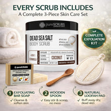 Load image into Gallery viewer, Premium Coconut Body Scrub Set - Large 16Oz Dead Sea Salt Body Scrub with Infused Essential Oils &amp; Nutrients, Includes Wooden Spoon, Loofah &amp; Oatmeal Exfoliating Bar Soap
