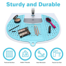 Load image into Gallery viewer, Bathroom Counter Cover &amp; Storage Saver, Foldable Mat for Hot Tools, Hair Styling &amp; Makeup, Beauty Brush Cleaning Mat, RV Camper Sink Cover &amp; for Small Spaces (Standard Pacific Blue)
