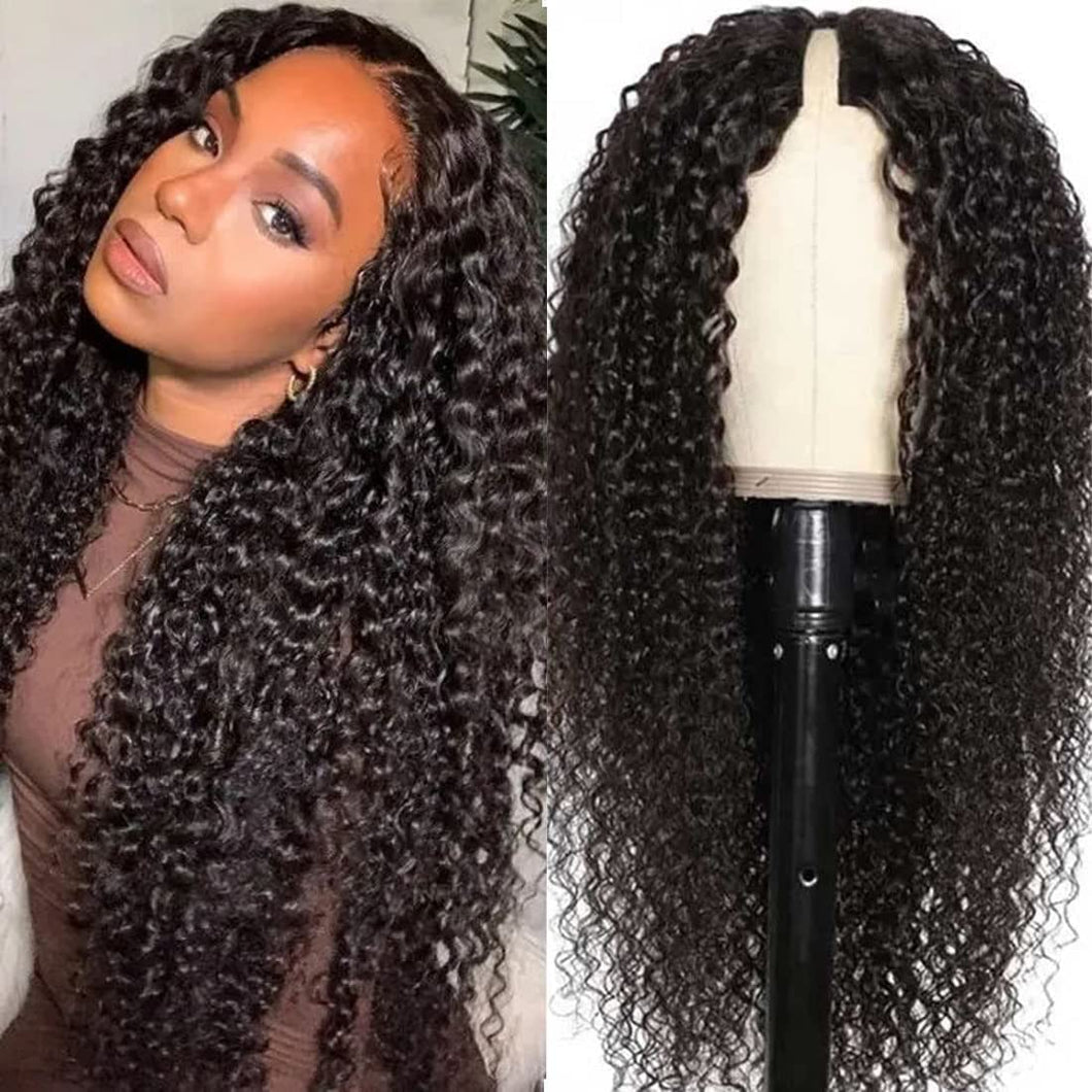 Curly V Part Wig Human Hair Brazilian Virgin Human Hair Wigs for Black Women Upgrade U Part Wig Glueless Full Head Clip in Half Wig V Shape Wig No Leave Out 180% Density Natural Color 24 Inch