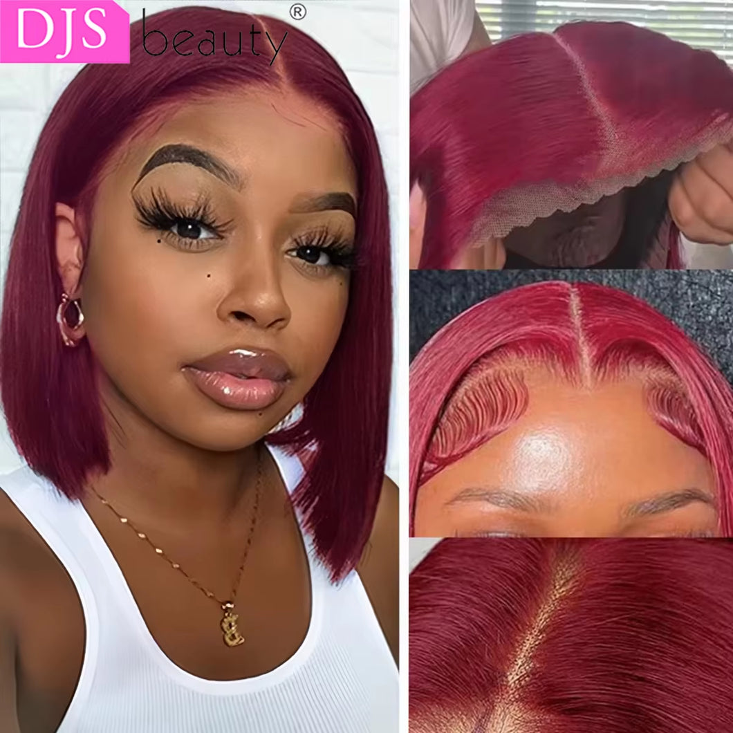 13X4 Wear and Go Glueless Bob Wig Human Hair Straight Bob Wigs Human Hair 100% 99J Red Colored 7X5 Glueless Wigs Ready to Wear