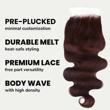 Load image into Gallery viewer, Burgundy Body Wave 5x5 HD Lace Human Hair Closure
