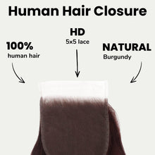 Load image into Gallery viewer, Burgundy Body Wave 5x5 HD Lace Human Hair Closure
