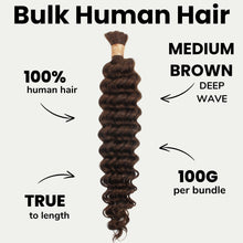 Load image into Gallery viewer, Medium Brown Deep Wave Color 4 Bulk 100% Human Braiding Hair
