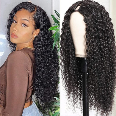 Curly V Part Wig Human Hair Brazilian Virgin Human Hair Wigs for Black Women Upgrade U Part Wig Glueless Full Head Clip in Half Wig V Shape Wig No Leave Out 180% Density Natural Color 26 Inch